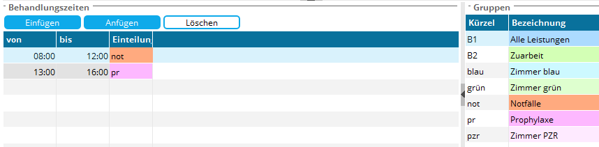 Screenshot Behandlungszeite Einteilung